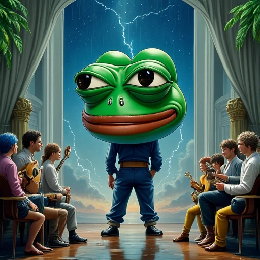 open clothes, weapon, leaf, pants, plant, pepe art, crying, black footwear, lightning, black eyes, crossed arms, guitar, upper body, multicolored hair, skin tight, blue hair, fangs, short limbs, 1boy, ass focus, back, audience, pepe meme, reflection, shirt, holding sign, hands in pockets, brown belt, drinking glass, colored skin, gradient background, green frog, curtains, frog face, tongue, watermark, from behind, blue bodysuit, single shade green, spread legs, yellow pants, iconic meme, arm tattoo, rain, bulge, smooth lines, hat, internet meme, holding, head slightly larger than body, open book, cowboy shot, grand piano, sleeveless shirt, multiple boys, bara, shoes, sky, meme, starry sky, sad pepe, horizontal pupils, blue sky, portrait