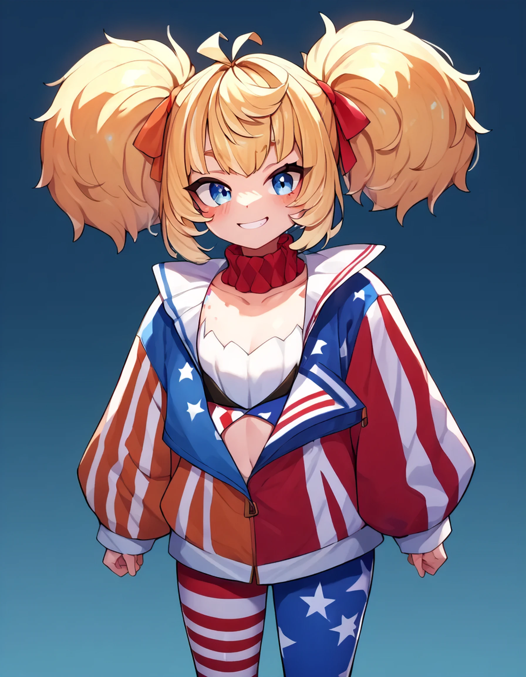 score_9, score_8_up, score_7_up, score_6_up, score_5_up, score_4_up, Suni Spaghetti, blonde hair, blue eyes, smile, twintails, american flag legwear, multicolored clothes, american flag jacket