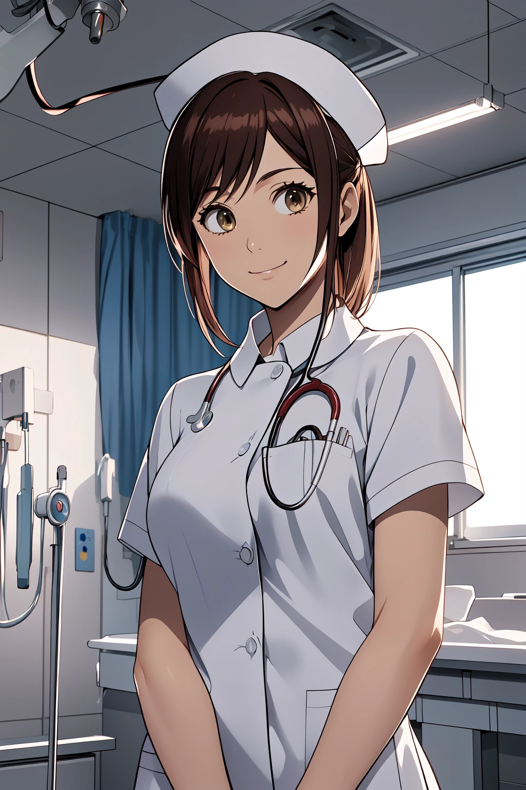 (RAW photo, best quality), wide angle photo, masterpiece, 1girl,  natural lighting
hospital, operating room, surgical gloves, 
(((White))) nurse uniform smooth, nurse, nurse hat, stethoscope  <lora:NurseUniform0_1:0.6>, <lora:aot_sasha_young_v1_2:1> aot_sasha, smile,