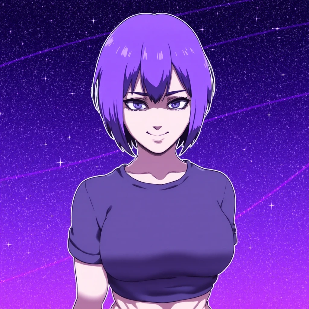 🌑🌒🌓🌔🌕🌖🌗🌘(Glasses girl), (glasses), (short hair), (black hair), (purple streaked hair), (purple eyes), (bangs covering right eyes), (hair over one eye), (eyes visible through hair/bangs), (large breasts),downblouse, loose t-shirt, leaning forward