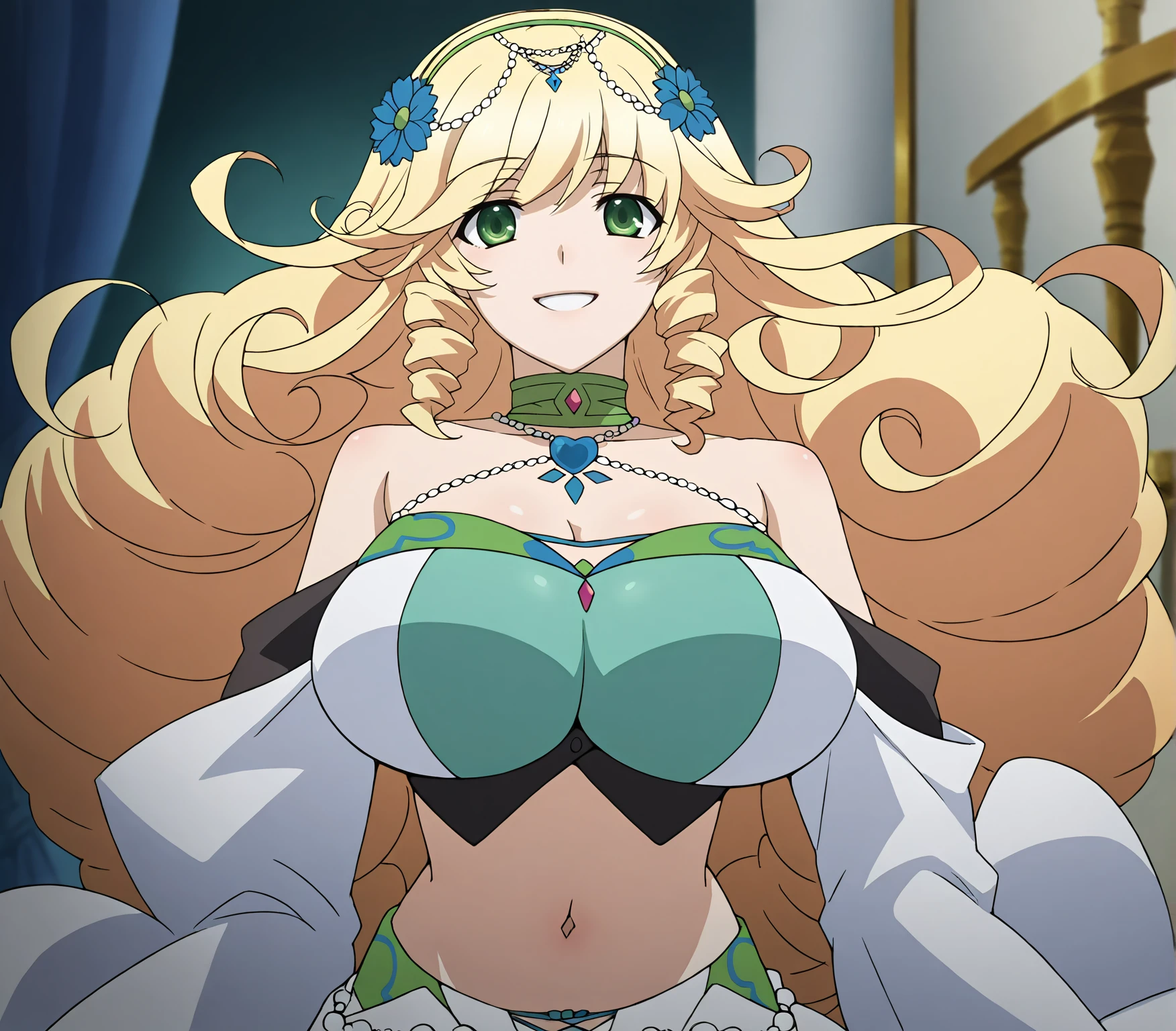 score_9, score_7_up,source_anime ,1girl,solo,smile,upper body,pov
<lora:Sofya_O_v1:0.8>Sofya_O, blonde hair, green eyes,long drill hair,flower hairband,tiara,jewellery Necklaces,bare shoulders top,navel,detached sleeves,sarong, large breasts