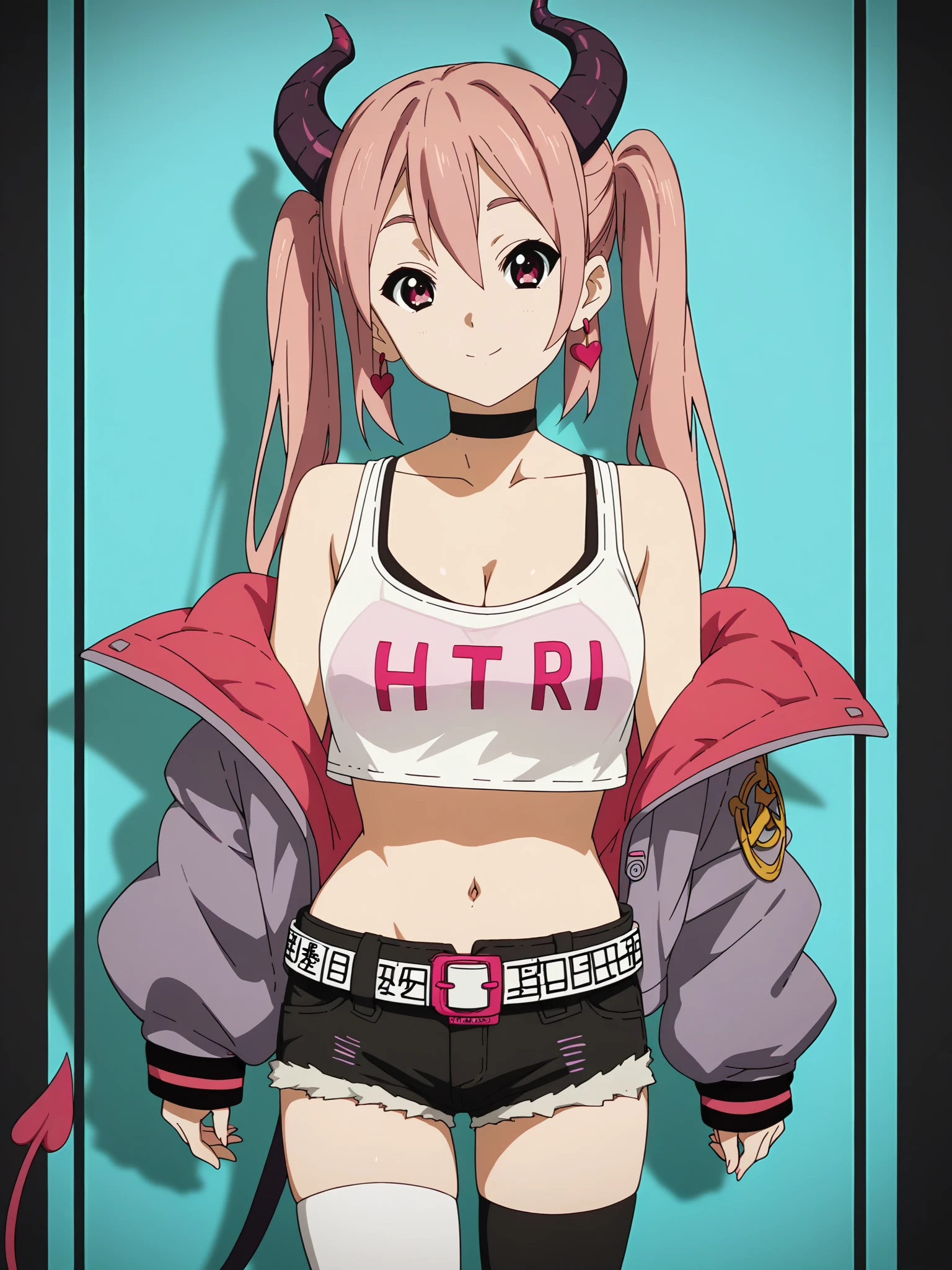 Masterpiece, best quality,Nico Yazawa,cowboy shot,solo ,red eyes,wonk,orange hair, solo, gothic make up ,crop top,strap slip, denim shorts, choker, (graffiti:1.5), paint splatter, arm behind back, middle finger,against wall, looking at viewer, armband, thigh strap, paint on body, head tilt, headset, fishnet pantyhose, embarrassed,thicc thighs,love live style, whink