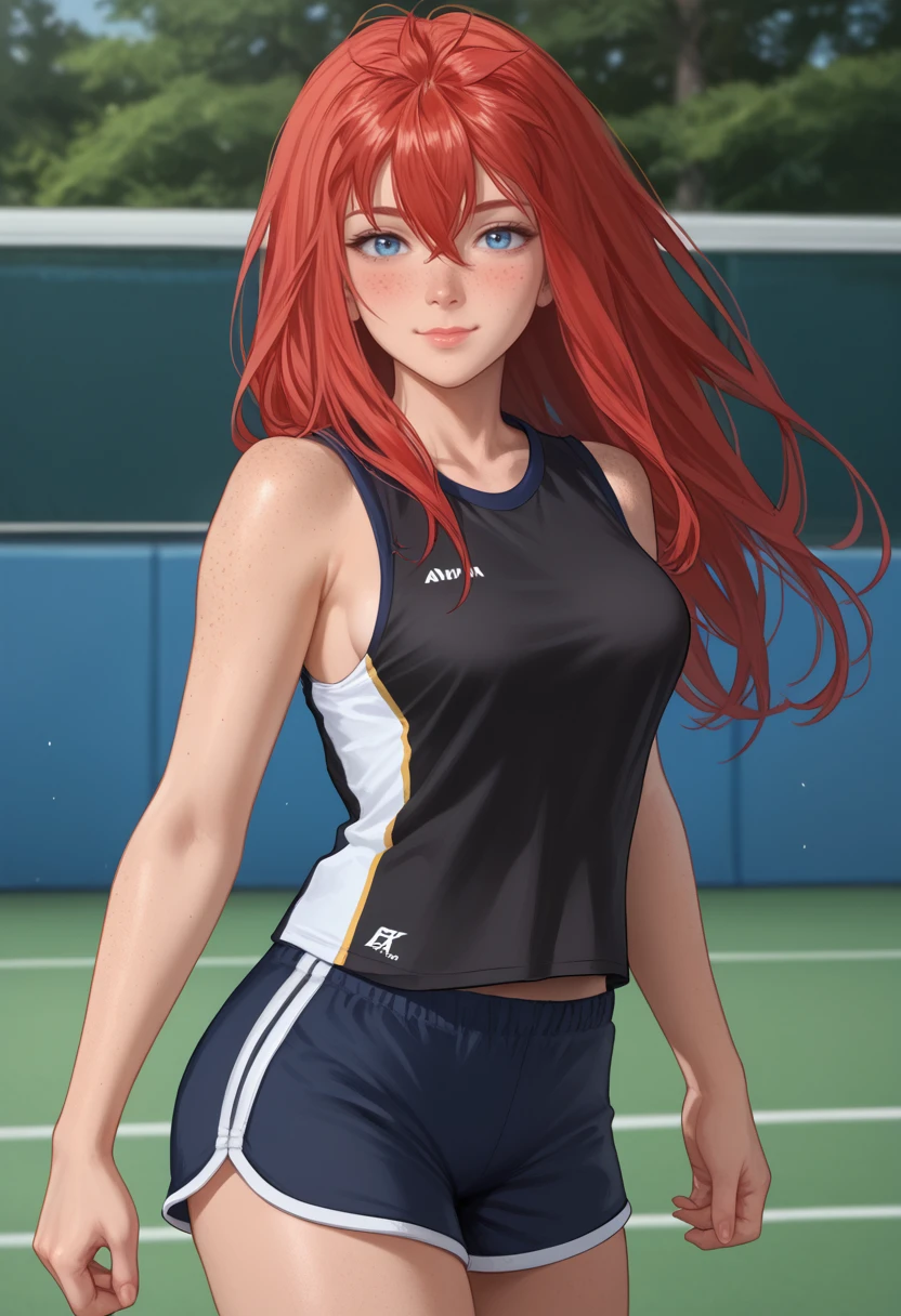 score_9, score_8_up, score_7_up,
best quality, masterpiece, ultra detailed,
22 years old, 170 cm height,
<lora:Expressive_H:1>, light smile, blush, lips, nose, closed mouth,
looking at viewer, dynamic pose, 
t shirt and shorts on the image,
<lora:Everlasting_Summer_Ulyana_adult_verion_by_GraffMetal_V1:1>, ulyana, long hair, red hair, blue eyes, dark skin, face freckles, medium breasts, body freckles, bangs, hair between eyes, straight hair, solo,
oversize t shirt, black sleeveless t shirt, low sleeveless, sport short, sport short,black short, sideboob, t shirt and shorts,
amazing background,