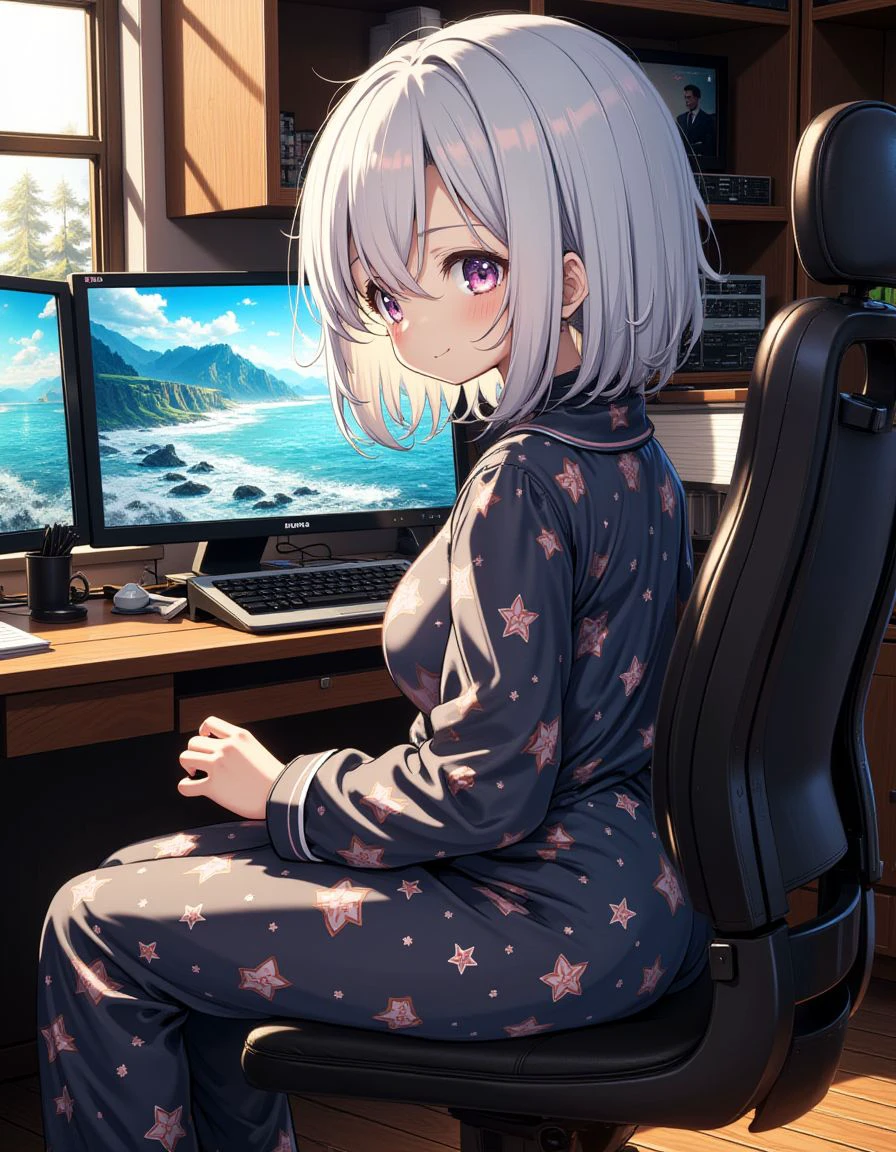 1girl sitting on chair in monitor room,
pajamas,
looking back, 
smile,