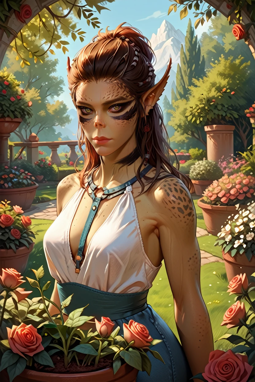 score_9, score_8_up, score_7_up, score_6_up
<lora:BGLaezel:1.0>
BGLaezel, 1girl, brown hair, colored skin, pointy ears, looking at viewer, rose garden, gardening, floral background