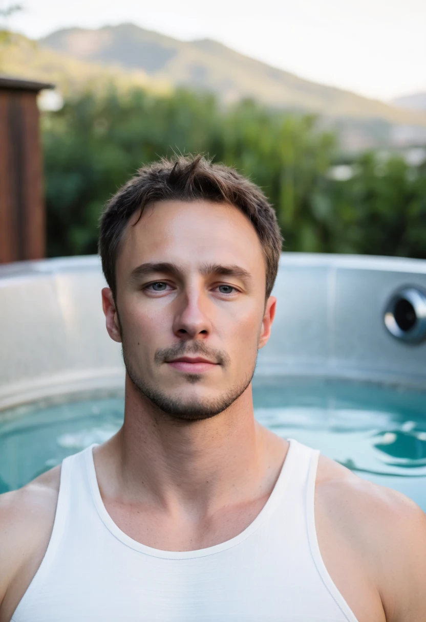 half body photo of a man, dr3w3, wearing a white tank top, in a hot tub, looking at viewer, solo shot,  frontview,  <lora:dreww:.9>