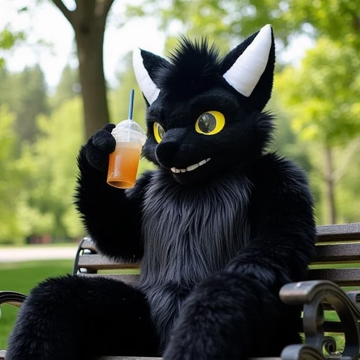 A man wearing a dragon fursuit has black fur and yellow eyes. He sits in the park drinking bubble tea, He has White Horns, fursuit, fluffy body, furry costume, furry, dragon, yellow eyes. white horns, holding bubble tea, in park