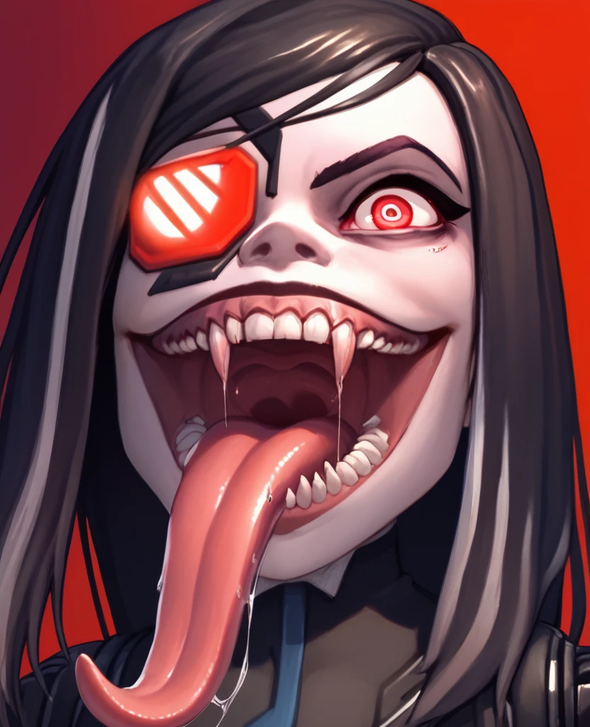 score_9, score_8_up, score_7_up, score_6_up, beatrixxl, red eyes,  black hair, grey streaked hair,   long hair, glowing eyepatch, mechanical arms, 
black dress,  sharp teeth,   open mouth,   long tongue out,  crazy eyes,  crazy smile, 
 solo,   smile,  looking at viewer,       saliva,    mechanical legs, 
red sky,  night,    
  looking at viewer,  <lora:BeatrixXL:0.8>