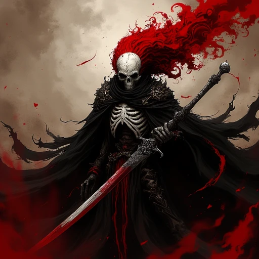 AssassinKahb style a demonic looking skeleton holding a sword with red hair