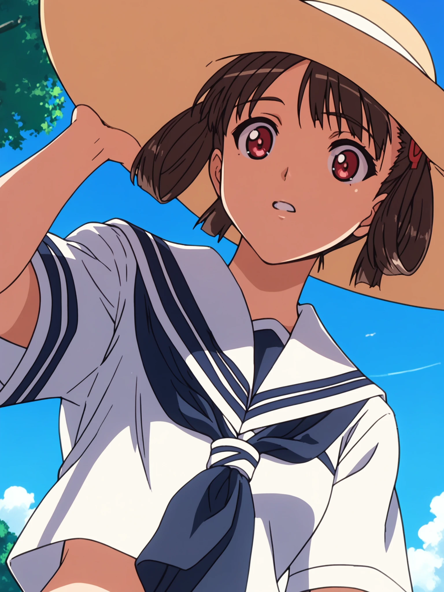 <lora:happy_tentacle-natsume-v0.2-000030:0.8>, ht_natsume, school uniform, sailor collar, sun hat, outdoors, summer, blue sky , 1girl, solo, close-up , , ( excited , parted lips :1.1), looking down , score_9, score_8_up, score_7_up, score_6_up, score_5_up, score_4_up