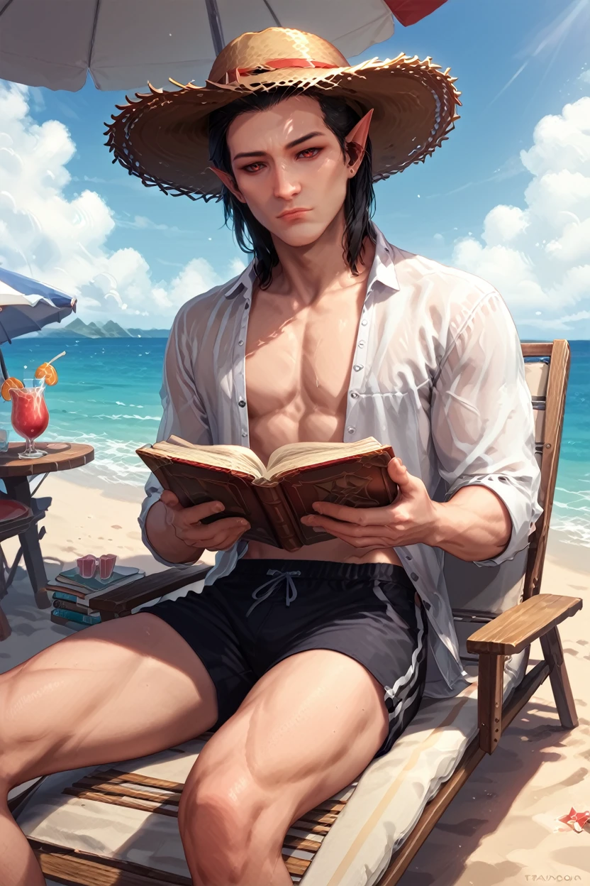 score_9, score_8_up, score_7_up, score_6_up
<lora:BGCazador:1.0>
BGCazador, 1boy, black hair, red eyes, pointy ears, looking at viewer, male model sitting on a beach chair, reading a book, wearing a straw hat, umbrella shading him, ice-cold drink by his side, peaceful ambiance