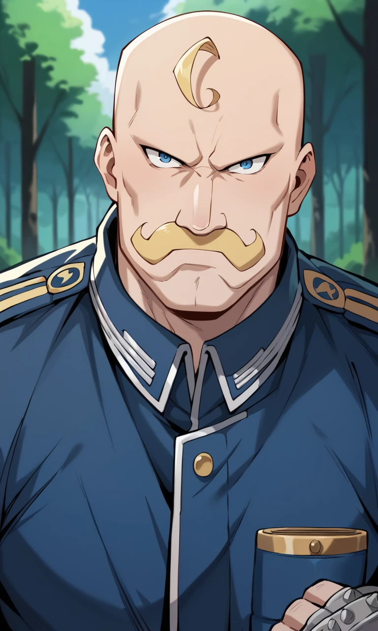 score_9, score_8_up, score_7_up, score_6_up, source_anime, outdoors,forest, 
BREAK
armstrongfma, 1boy, male focus, bald, facial hair, solo, mustache, muscular, blonde hair, blue eyes, looking at viewer, muscular male, veins,gloves, angry, military uniform,flex
<lora:armstrongfma:0.7>