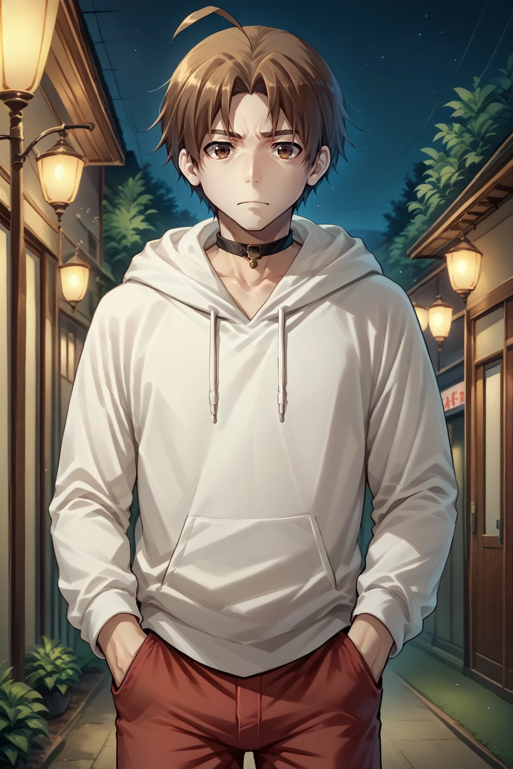 score_9, score_8_up, solo, 1boy, <lora:NSHisaoKatawa:1> NSHisaoKatawa, brown eyes, brown hair, short hair, ahoge, white hoodie, choker, hands in pockets, red pants, night, dark, tired