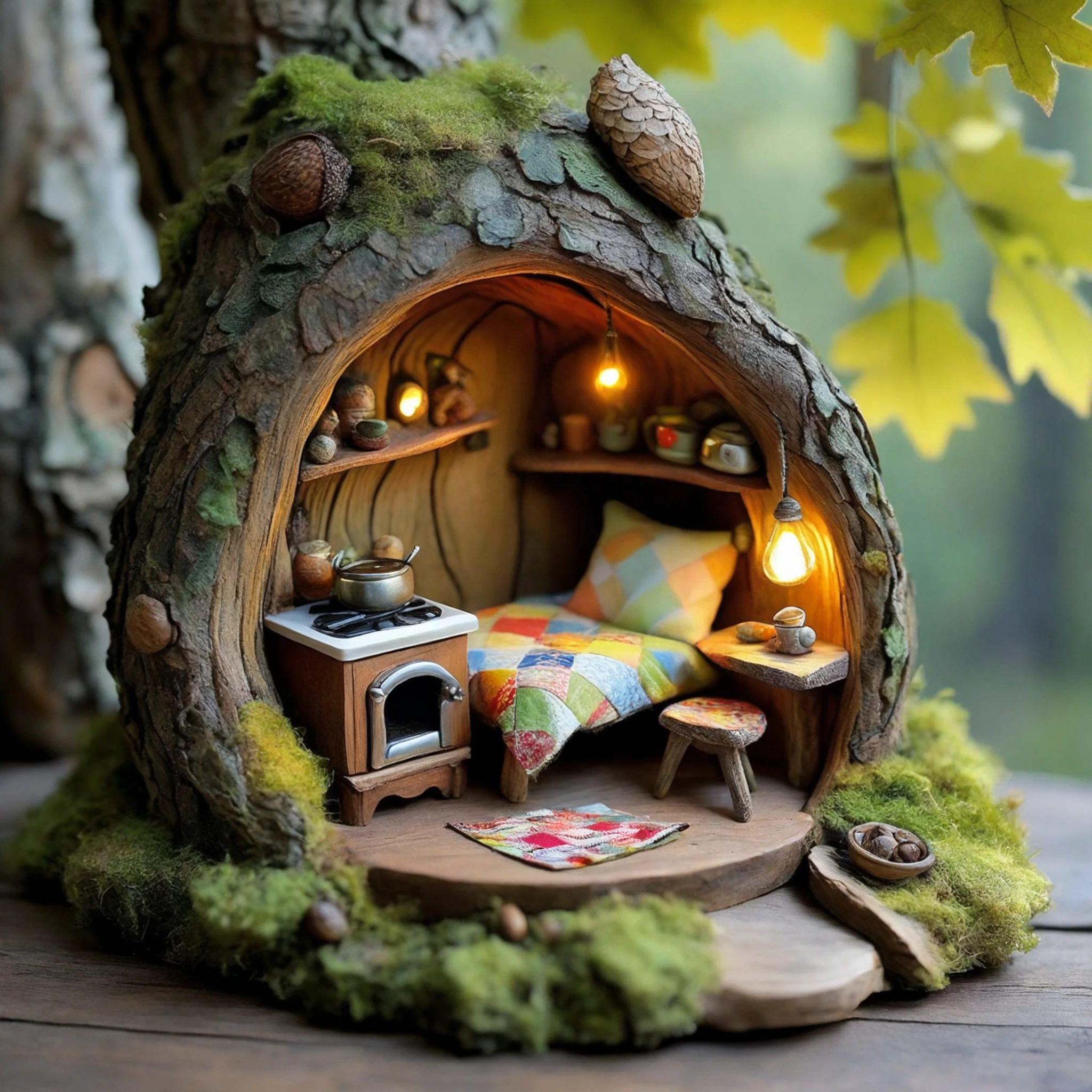 FRESHIDEAS The home of the squirrel A whimsical tree hollow home belonging to a squirrel, nestled high within the trunk of an ancient oak tree. Inside, the space is cozy and creatively furnished, blending natural elements with miniature, rustic furniture. A small wooden table and chairs **** from acorns and twigs sit in the center of the room. On one side, there's a tiny bed **** of soft moss and leaves, with a quilt crafted from colorful scraps of fabric. The walls are adorned with shelves carved directly into the wood, holding acorn cups, nuts, and tiny trinkets. In one corner, there's a tiny stove **** from a hollowed-out nut, complete with a small chimney that leads outside. A makeshift lamp, fashioned from a glowing firefly in a jar, sits on a tiny wooden nightstand. The squirrel's kitchen includes miniature appliances **** a tiny refrigerator crafted from a pinecone and a leaf-lined oven. The room is illuminated with warm, soft light filtering through a small, round window, offering a view of the surrounding forest. Outside, the tree is surrounded by lush greenery, with the entrance cleverly camouflaged by vines and leaves