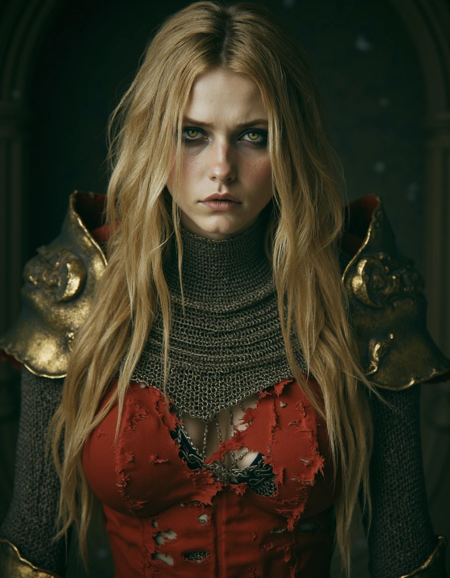 elden ring style, woman with long blonde hair and dark shaded eyes with striking gaze under eyelashes, she is wearing ornate but torn and deformed  red dress with golden edges and damaged chainmail armor over dress, dark and eerie atmosphere, chromatic aberration and film grain, fantasy <lora:sxz-eldenring-aitoolkit-flux:1.25>