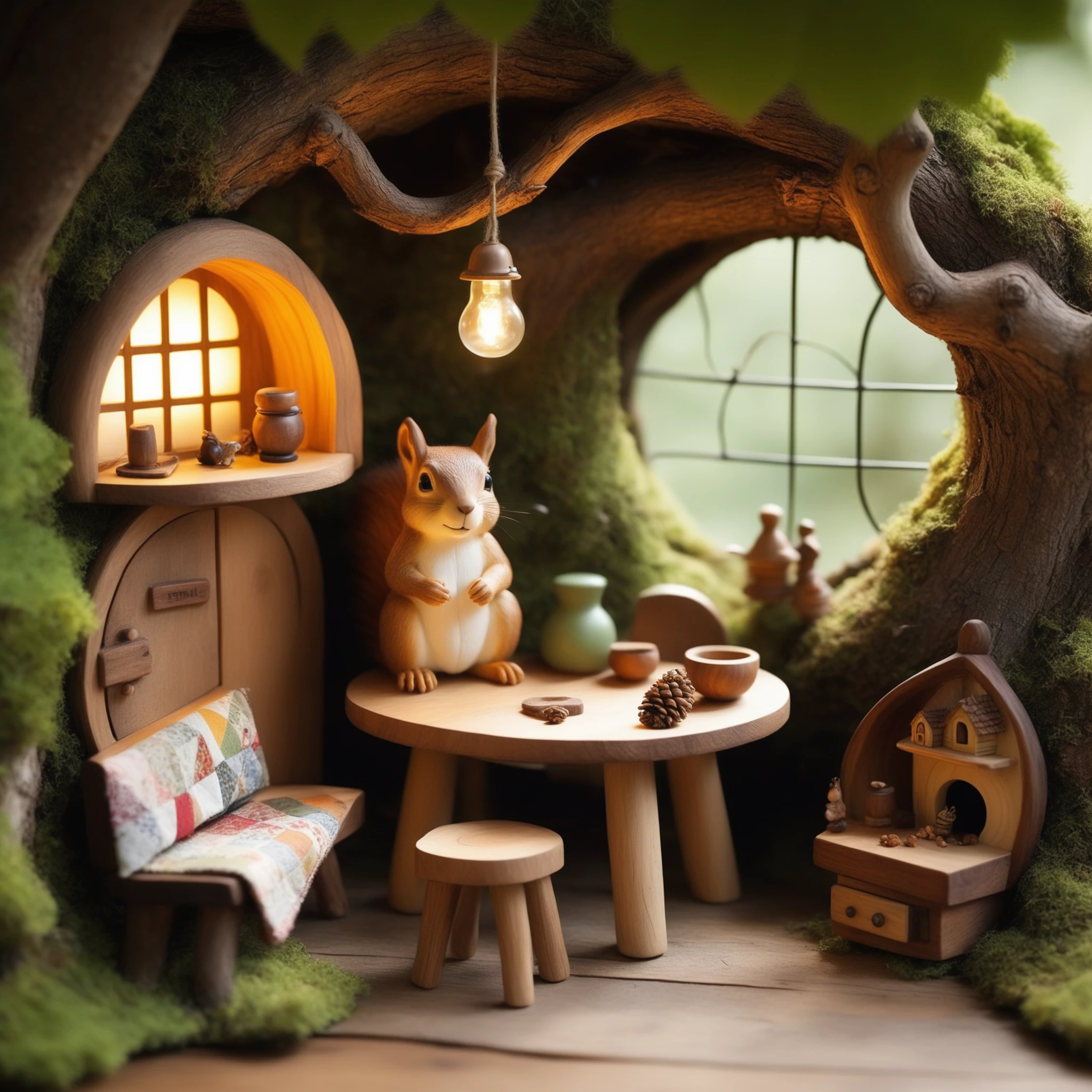 FRESHIDEAS The home of the squirrel A whimsical tree hollow home belonging to a squirrel,nestled high within the trunk of an ancient oak tree. Inside,the space is cozy and creatively furnished,blending natural elements with miniature,rustic furniture. A small wooden table and chairs **** from acorns and twigs sit in the center of the room. On one side,there's a tiny bed **** of soft moss and leaves,with a quilt crafted from colorful scraps of fabric. The walls are adorned with shelves carved directly into the wood,holding acorn cups,nuts,and tiny trinkets. In one corner,there's a tiny stove **** from a hollowed-out nut,complete with a small chimney that leads outside. A makeshift lamp,fashioned from a glowing firefly in a jar,sits on a tiny wooden nightstand. The squirrel's kitchen includes miniature appliances **** a tiny refrigerator crafted from a pinecone and a leaf-lined oven. The room is illuminated with warm,soft light filtering through a small,round window,offering a view of the surrounding forest. Outside,the tree is surrounded by lush greenery,with the entrance cleverly camouflaged by vines and leaves,