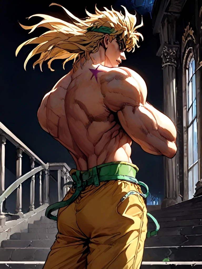 ((black background)), close-up, dio_brando's_pose_\(jojo\), birthmark \(joestar\), ear birthmark, looking at viewer, jojo pose, stepped on staris, night, wind, indoors, vampire, off shoulder, blonde hair, headband, green belt, yellow pants, topless male, muscular male, narrow waist, evil smile, bare back. shaded face, looking back, full body, <lora:dioandhisstarbirthmark_pony:1>