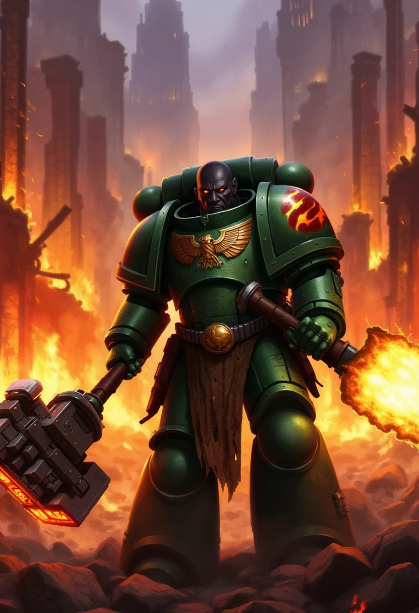 In the heat of battle, a Salamanders Space Marine stands resolute amidst the burning ruins of a devastated city. His jet-black skin contrasts starkly with the deep green of his heavily scarred power armor, which bears the battle-worn marks of countless conflicts. The flaming drake symbol on his shoulder pad glows with a molten intensity, reflecting the flames that engulf the area. The Marine's fiery red eyes are locked onto the horizon, where an advancing horde of enemies approaches. In one hand, he wields a master-crafted thunder hammer, its head crackling with energy, while the other grips a massive flamer, spewing liquid fire. The scene is set against a backdrop of towering, crumbling buildings, with the sky lit by the orange glow of the burning city. The flames dance around him, but he remains unyielding, a beacon of hope and destruction in equal measure.