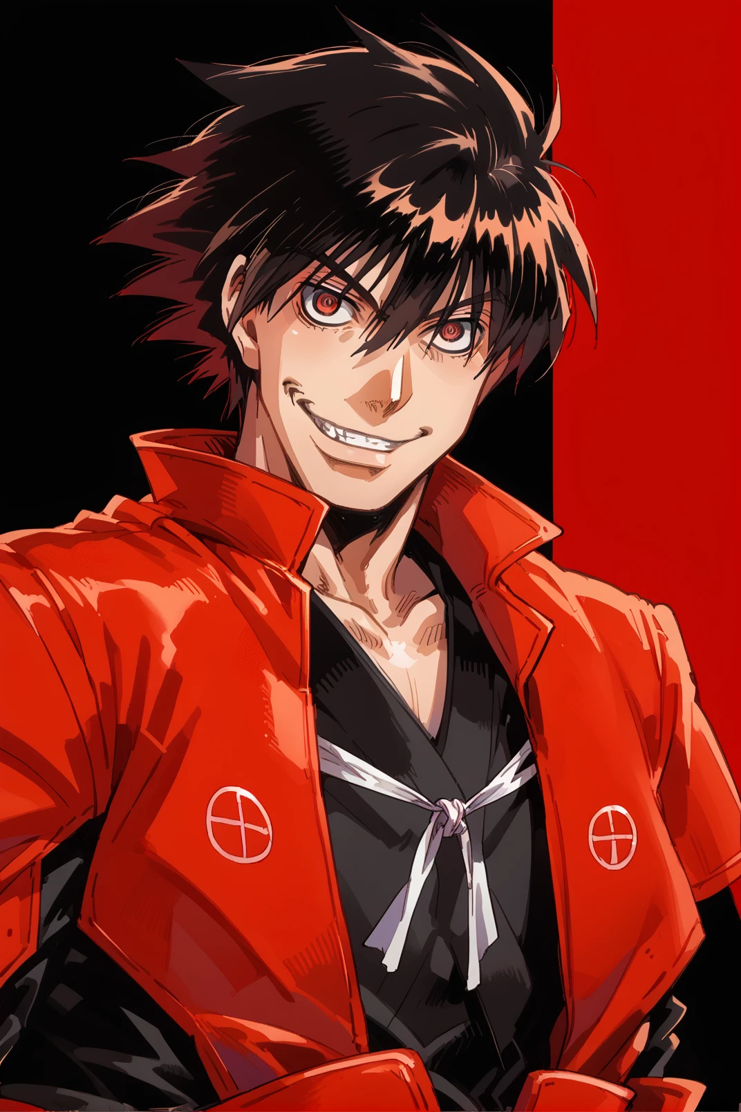 1boy, solo, shimazu_toyohisa_\(drifters)\,black hair, black shirt, red japanese armor, red japanese clothes, kusazuri, black background, looking at viewer, grin, dynamic pose, thick lineart <lora:shimazu_toyohisa-000019:0.85>  <lora:hellsing_ultimate_style:0.7> hellsing_ultimate_style, score_9, score_8_up, score_7_up, score_6_up