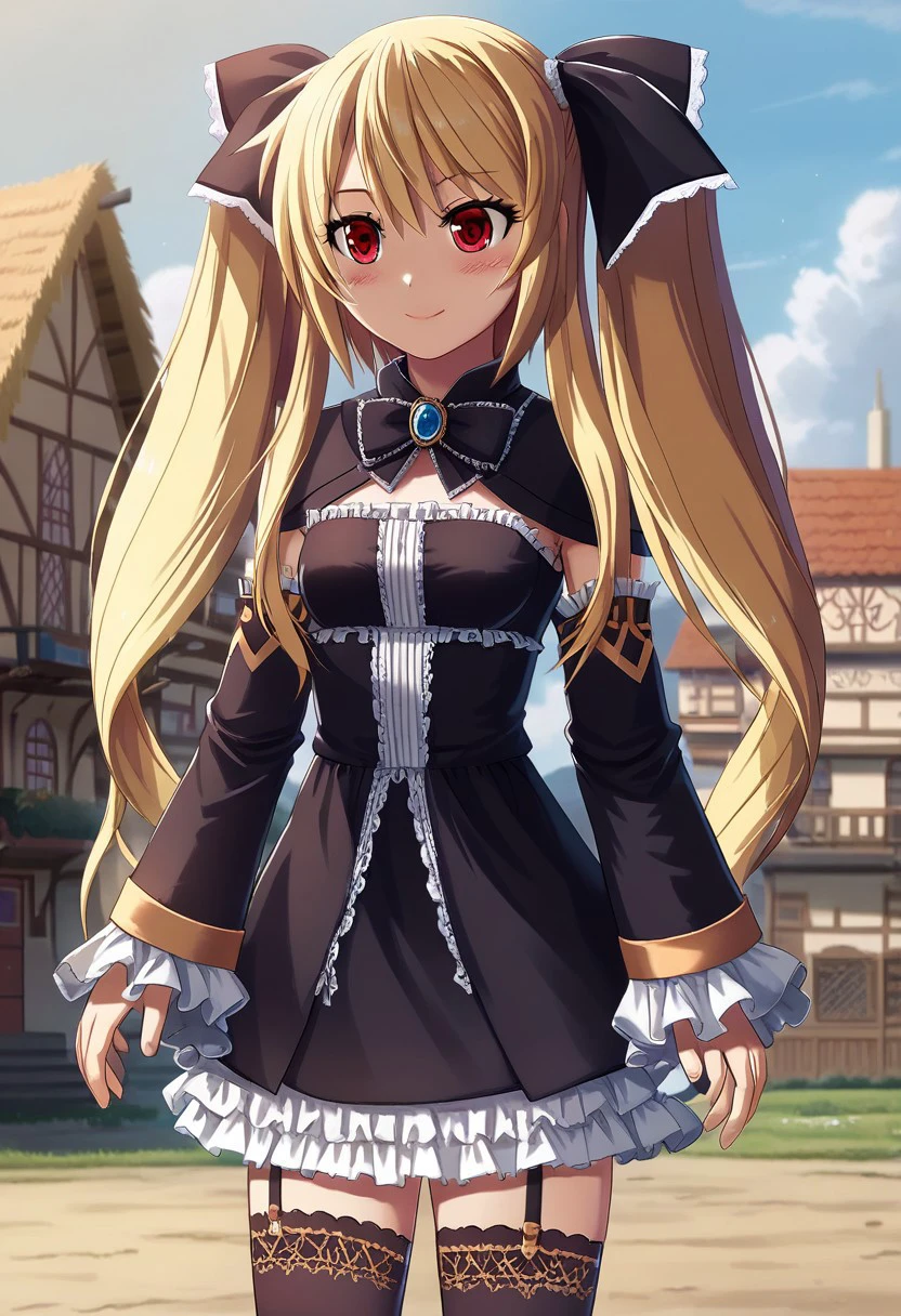 Solo, 1girl, female, sheryl, blonde hair, long hair, twintails, hair ribbon, red eyes, medium breast, cute face, perfect anatomy, detailed skin, detailed eyes, detailed lips, perfect hands, perfect face, smile, blush, BREAK bow, black thighhighs, garter straps, black dress, bow, detached sleeves, frills, frilled sleeves, skirt, BREAK town, outdoors, colorful, looking away, portrait, BREAK ((ultra-detailed)), ((best quality)), ((best quality)), ((beautiful eyes)), ((extremely detailed)), 4K, (8K), best quality, (beautiful), Master piece, highres, score_9, score_8_up, score_7_up, score_6_up, score_5_up, score_4_up, colorful, best quality, official art, highres, masterpiece, nai3, god light, detailed background, high quality background, scenery, very aesthetic,