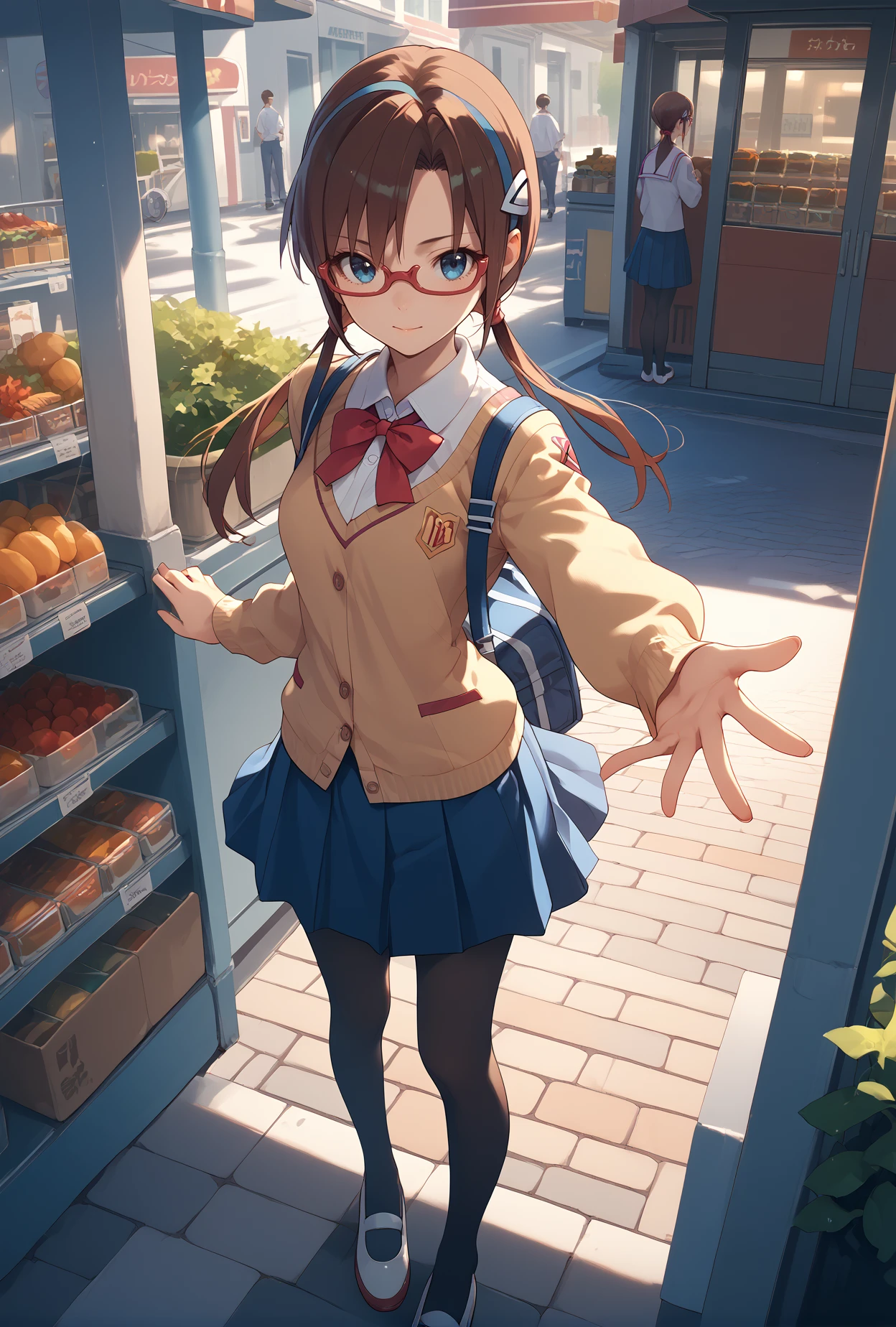 score_9, score_8_up, score_7_up, score_6_up, score_5_up, score_4_up,anime source,
1girl,low twintails,brown hair,blue eyes,makinami mari illustrious,glasses
street,shop, 
school uniform, pantyhose,from above,outstretched arm,<lora:Eva08XLPony:1>