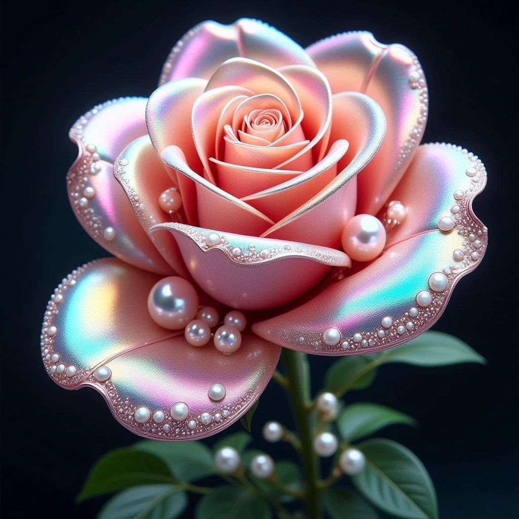 Digital artwork of a highly detailed digitally enhanced rose with an iridescent sheen, adorned with pearls, It is an ornamental and luxurious floral beauty with natural elements and a certain opulence.