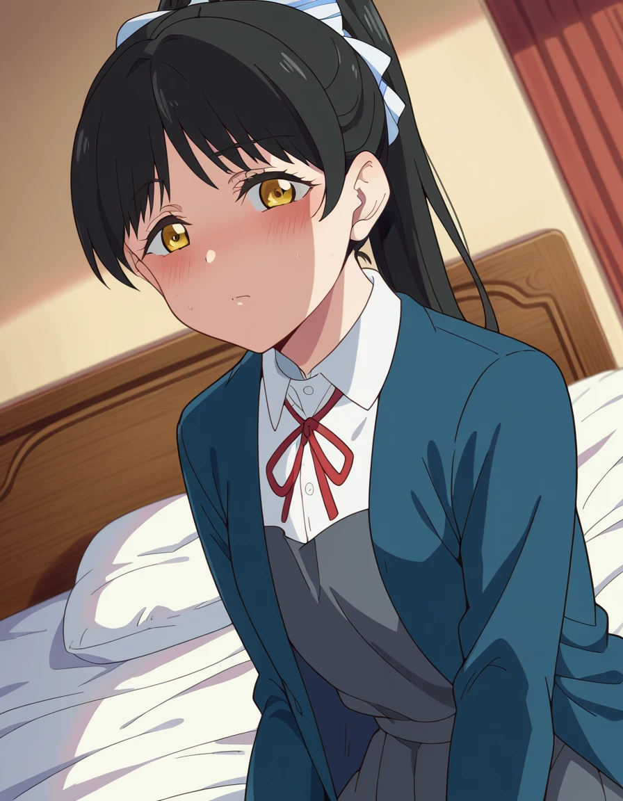 score_9, score_8_up, score_7_up, source_anime, <lora:ren-hazuki-s2-ponyxl-lora-nochekaiser:1>, ren hazuki, long hair, bangs, black hair, bow, yellow eyes, ponytail, hair bow, high ponytail,, shirt, dress, ribbon, school uniform, jacket, white shirt, open clothes, collared shirt, open jacket, red ribbon, neck ribbon, blue jacket, pinafore dress, grey dress, yuigaoka school uniform,, indoors, bed, bed room, on side, blush, drunk, looking at viewer, solo,, cowboy shot, dutch angle
