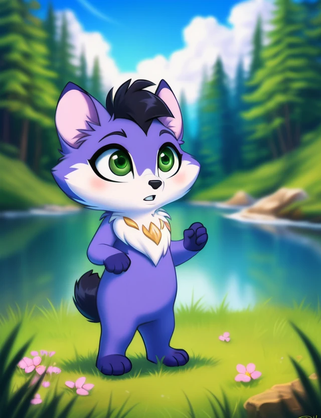 <lora:AmaruLoliRockYif:1> AmaruLoliRock, purple fur, green eyes, black tail,   chibi, (standing, waves his hand, raised his hand, )
[ the sun is shining, (glade,) forest, grass, stars, lake, day, , clouds, flowers, blanket, blue pillows, candles,] 
(beautiful, aesthetic, perfect, delicate, intricate, saturated colors), masterpiece, digital drawing, best quality,
[by personalami], by smitty g, [[[by Foxovh]]], [[by Ross Tran]]