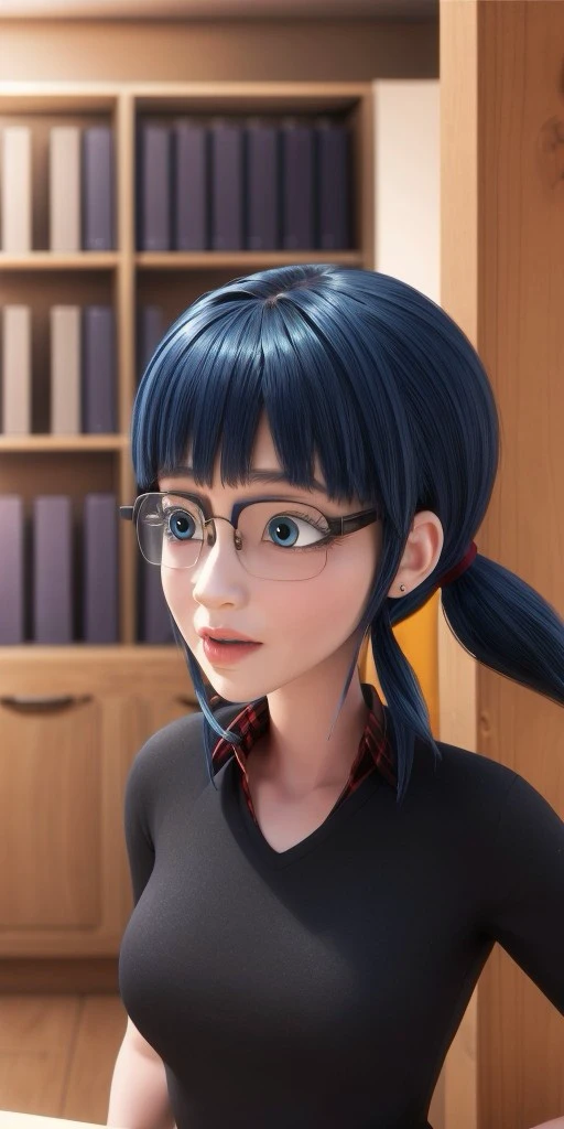 Hyperrealistic, photorealistic, super detailed, blue eyes, black square-shaped glasses, shoulder-length black hair with blue reflections tied back in ponytails, light pink lips, body like in real life, large pores, light skin-tone, slender, beautiful arms, little breasts, unreal engine, octane render, droped shadow, bokeh, cinematic lighting, <lora:add_detail:0.5>, <lora:Volumetric_lighting:0.6>, Socqueline Wang, <lora:2e3d8eda-f9e4-4a3e-a875-3900cd8f995c:0.7>