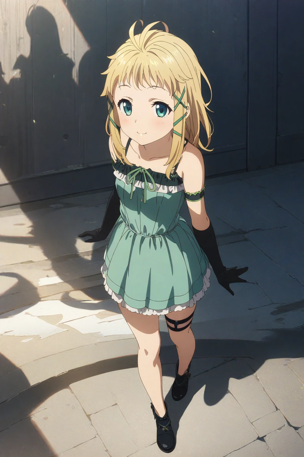 1girl solo, tina_sprout, blonde hair, green eyes, messy hair, criss cross hair ornament, flat chested, green dress, off shoulder, thigh strap, smile, closed lips, elbow gloves, anime coloring, full body, <lora:XL-TinaSprout:1>, (masterpiece),(best quality),(ultra-detailed),(best illustration),(best shadow),(absurdres),(detailed background),(very aesthetic),