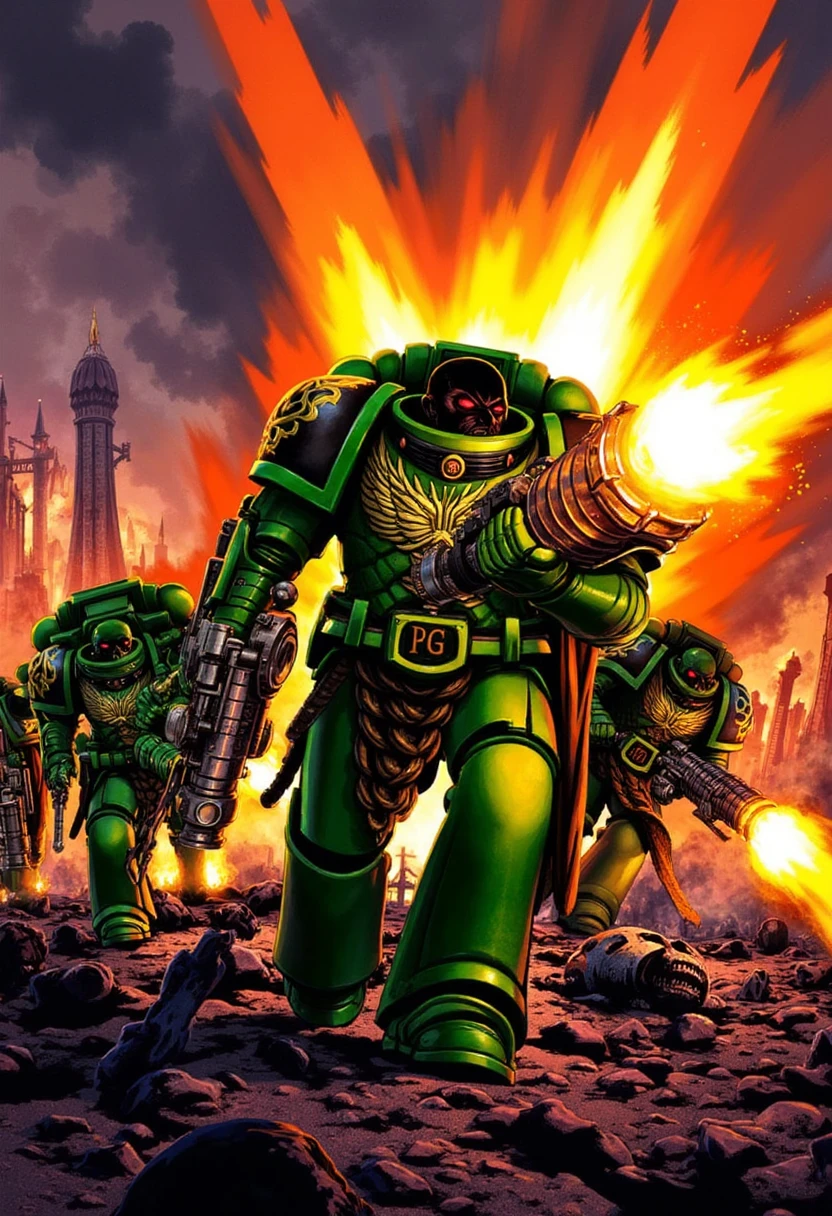 Amidst a swirling maelstrom of smoke and fire, a squad of Salamanders Space Marines charges into battle, their green armor adorned with intricate flame motifs. The lead Marine, his black skin and glowing red eyes highlighted by the flickering light, brandishes a massive flamer, its nozzle spewing a torrent of fire that engulfs the enemy in a wall of flames. The comic book style emphasizes sharp, dynamic lines and exaggerated action, with the Salamanders' hulking forms and powerful weapons taking center stage. In the background, the ruins of a fortress crumble under the assault, and the ground is scorched black by the intense heat. Each Marine's face is etched with determination, their focus unwavering as they press forward, their figures framed by the contrasting deep reds and oranges of the flames against the dark, ash-filled sky