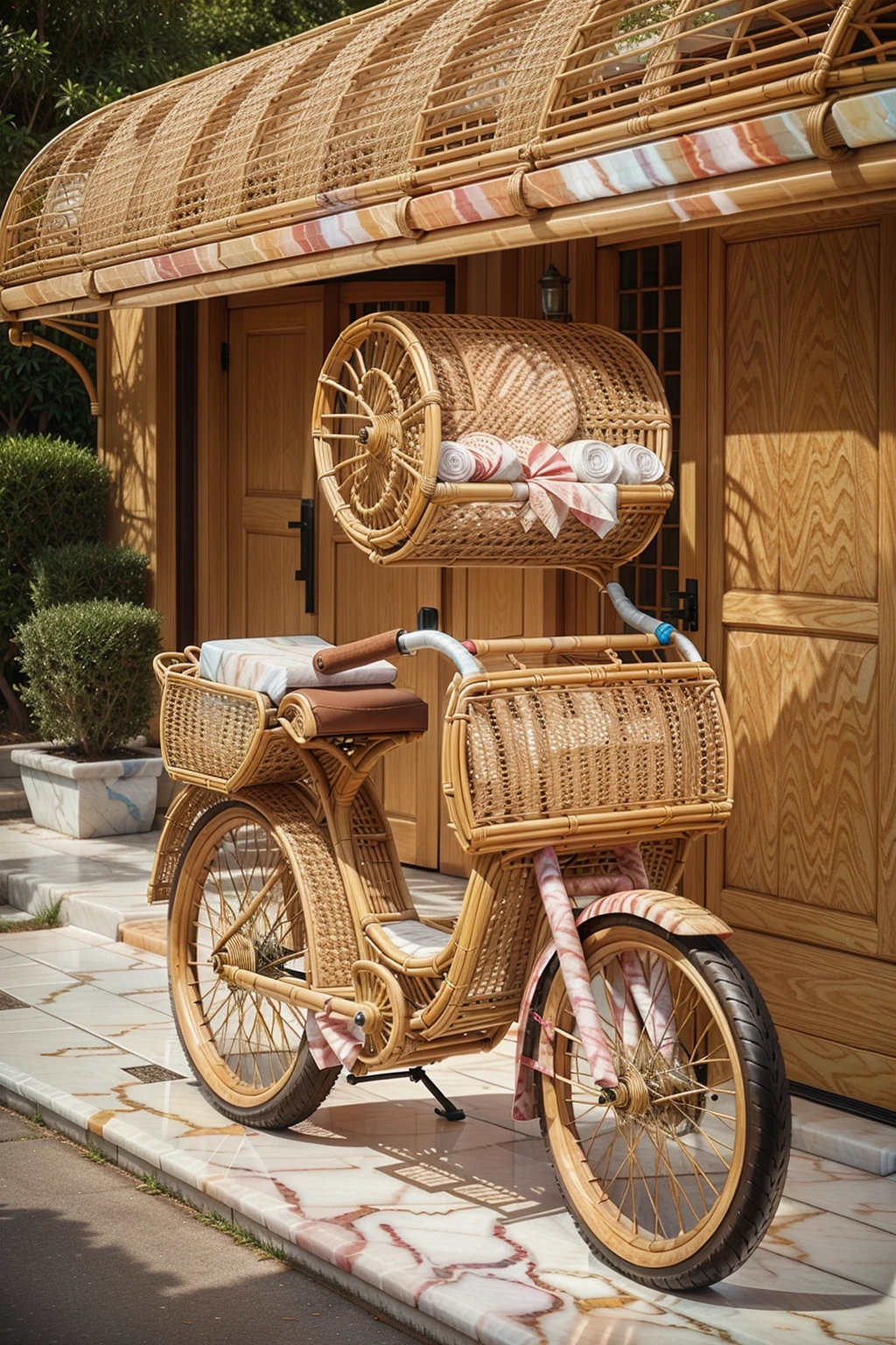 <lora:MarbleRattanWorld:1> MarbleRattanWorld bicycle in a suburban garage