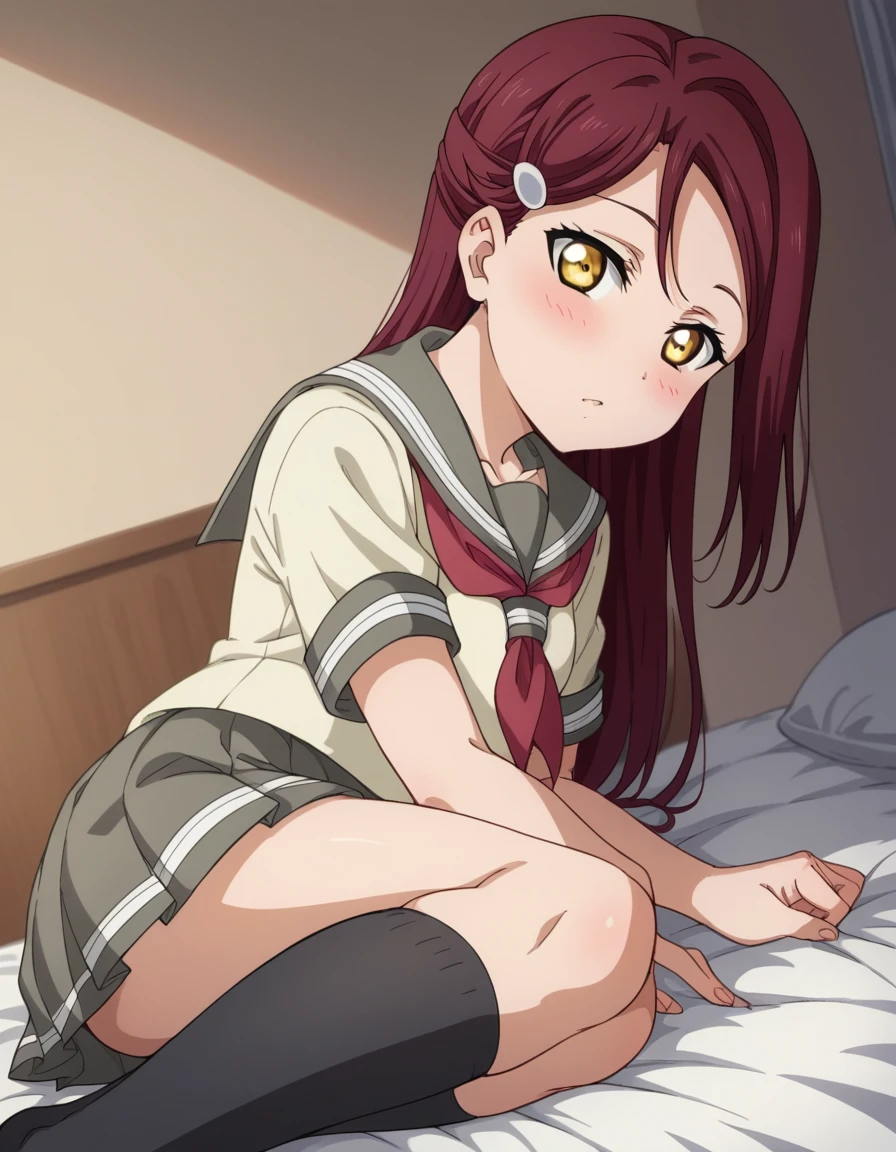 score_9, score_8_up, score_7_up, source_anime, <lora:riko-sakurauchi-s2-ponyxl-lora-nochekaiser:1>, riko sakurauchi, long hair, hair ornament, yellow eyes, red hair, hairclip,, skirt, school uniform, short sleeves, pleated skirt, serafuku, socks, neckerchief, kneehighs, black socks, red neckerchief, grey skirt, uranohoshi school uniform,, indoors, bed, bed room, on side, blush, drunk, looking at viewer, solo,, cowboy shot, dutch angle