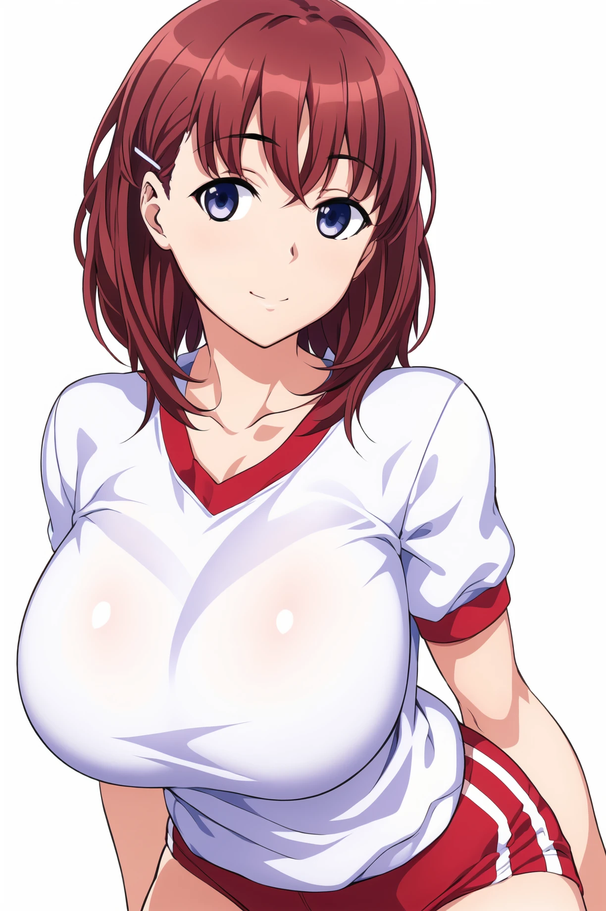 Simple Background,(White_Background:1.1),
dynamic pose,standing at attention,
gym uniform,red and white shirt,red shorts,short sleeves,
<lora:Mio_Natsume_JustBecause-KK77-V1:0.7>,
blue eyes, brown hair,bangs,short hair,hair ornament, hairclip,
<lora:more_details:0.1>,<lora:NovelAI_YesMix5_KKStyle-KK77-Yes5-V1:0.3>,<lora:Oda_Non_Style2-KK77-Yes5-V1:0.3>,
1 girl, 20yo,Young female,Beautiful long legs,Beautiful body,
Beautiful Nose,Beautiful character design, perfect eyes, perfect face,expressive eyes,perfect balance,
looking at viewer,(Focus on her face),closed mouth, (innocent_big_eyes:1.0),(Light_Smile:0.3),
official art,extremely detailed CG unity 8k wallpaper, perfect lighting,Colorful, Bright_Front_face_Lighting,White skin,
(masterpiece:1.0),(best_quality:1.0), ultra high res,4K,ultra-detailed,
photography, 8K, HDR, highres, absurdres:1.2, Kodak portra 400, film grain, blurry background, bokeh:1.2, lens flare, (vibrant_color:1.2),professional photograph,
(Beautiful,large_Breasts:1.6), (beautiful_face:1.5),(narrow_waist),