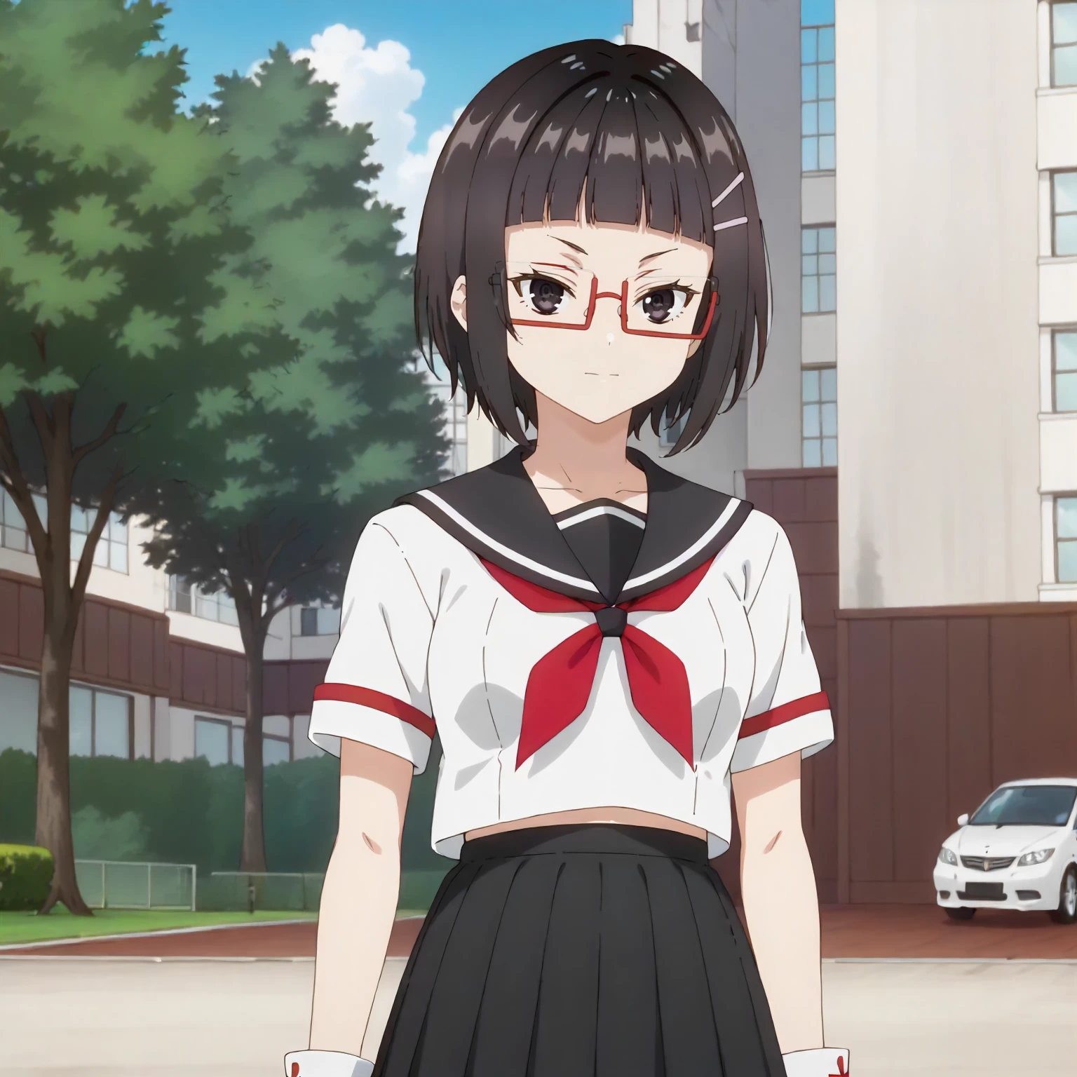 <lora:ASHHFiR_SayakaTaniyamaXLpony004>,
outdoors,
looking at viewer,
solo,
SayakaTaniyama,1girl,black hair,short hair,black eyes,red eyewear,hairclip,
standing,
serafuku,black sailor color,white shirt,black skirt,