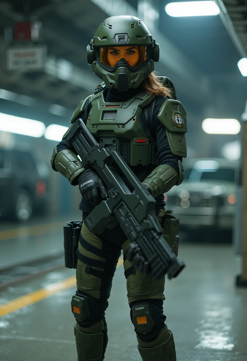 A female colonial marine stands her ground in a deserted spaceship hangar, the M41A Pulse Rifle gripped firmly in her hands. The cold, metallic environment contrasts with the fiery determination in her eyes as she waits for the next wave of attackers. Photorealism, high contrast, detailed textures, sci-fi intensity.