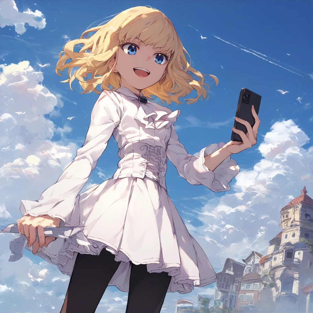 score_9, score_8_up, score_7_up, leivinia-birdway, toaru, 1girl, 1girl, solo, blonde hair, pantyhose, blue eyes, cloud, phone, sky, cellphone, black pantyhose, open mouth, dress, smile, holding, day, ascot, skirt,