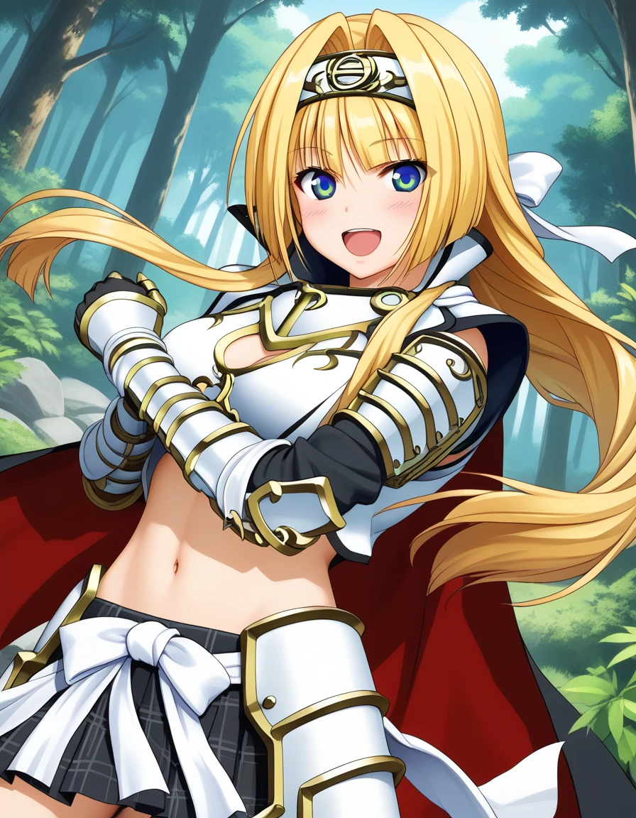 score_9, score_8_up, score_7_up, BREAK source_anime, best quality, masterpiece,very aesthetic, zPDXL2,official art,detailed_eyes,1girl, solo,
ashikaga_yoshiteru_(sengoku_otome), blonde hair, blue eyes, long hair, breasts, 
armor, midriff, black skirt, pleated skirt, skirt in plaid skirt,navel, hairband, cape, white bow, gauntlets,
<lora:ashikaga_yoshiteru_(sengoku_otome)_pony_v2:1>
standing, ( dynamic pose ),
open mouth,blush,smile,
looking at viewer,(cowboy shot,:1.3),
( outdoors, forest)