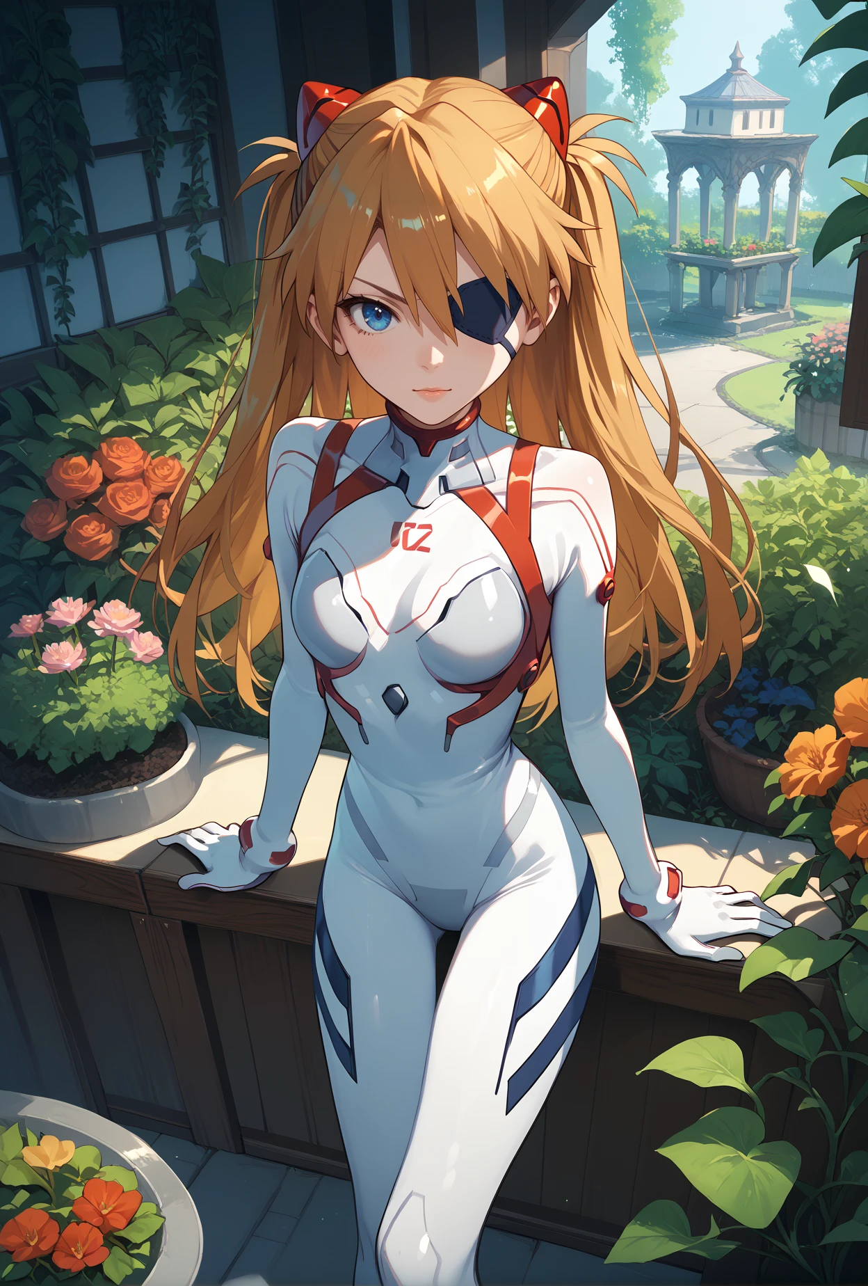 score_9, score_8_up, score_7_up, score_6_up, score_5_up, score_4_up,anime source,
  Evasuit08, white bodysuit,
1girl, souryuu asuka langley, blonde hair, blue eyes,eye patch,
garden,<lora:Eva08XLPony:1>