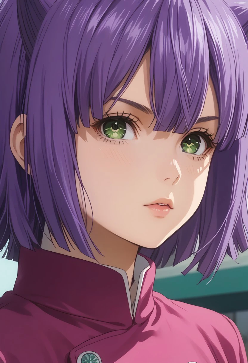 score_9, score_8_up, score_7_up, source_anime, rating_safe, MomoSNS, green Momo eyes, purple Momo hair, 1girl, female focus, anime screencap,