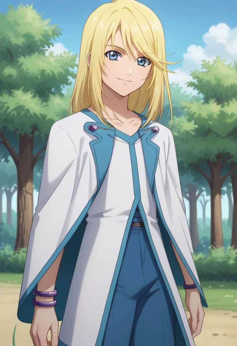 score_9, score_8_up, score_7_up, source_anime, highly detailed, 
mithos, solo, blonde hair, long hair, blue eyes, smile, upper body, pants, blue pants,
jewelry, male focus, 1boy, looking at viewer, cape, white cape,
dress, white dress, bracelet, slender, skinny,
outdoor, sky, tree