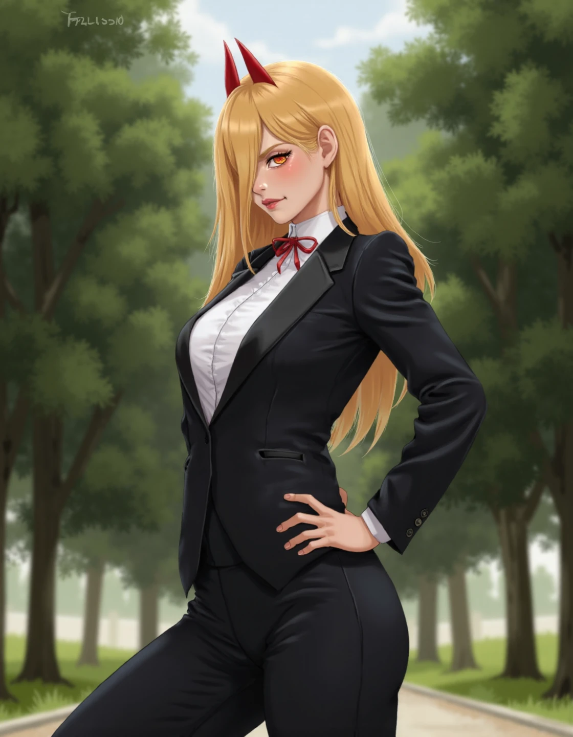 full body shot hyperrealistic digital art of power from chainsaw man with horns, blonde hair, suit and pants. She is standing proudly in a park.