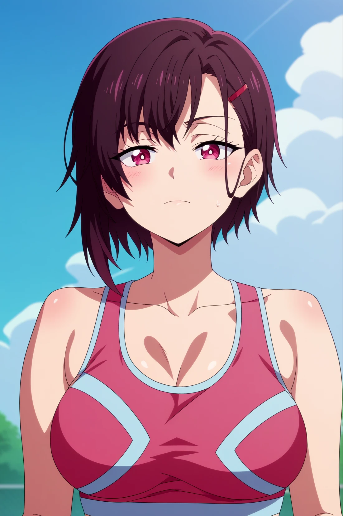 "score_9, score_8_up, score_7_up, score_6_up, score_5_up, score_4_up, source_anime, BREAK,shizuka mikazuki,mature,1girl,looking at viewer, sports bra, bare shoulders,outdoors,sky,anime screencap,anime coloring,upper body only, emotionless, looking at viewers,<lora:Shizuka Mikazuki - Zombie 100_epoch_1.safetensors:0.8>