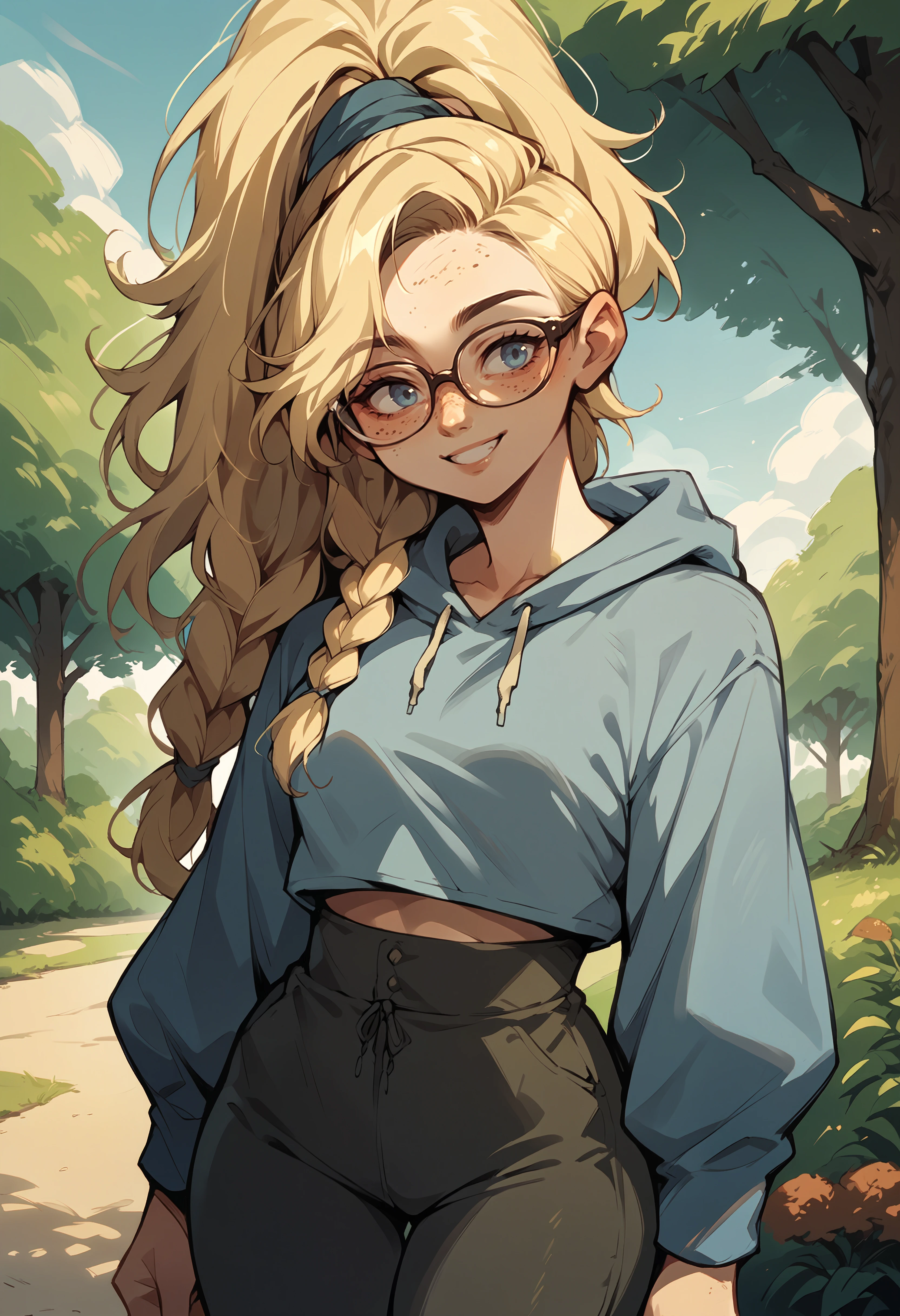 score_9, score_8_up, score_7_up, source_anime, 1girl, solo, <lora:clamMHGemmaPD_v10:1> mhGemma, blonde hair, long hair, high ponytail, braid, blue eyes, freckles, oversized glasses, outdoors, park, blue hoodie, high-waist pants, yoga pants, black pants, light blush, smile