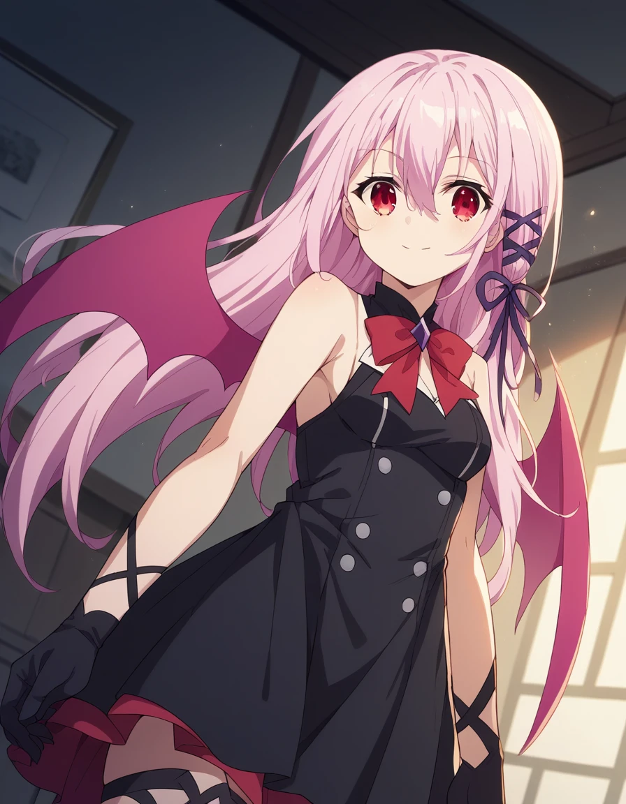 score_9, score_8_up, score_7_up, source_anime, <lora:engage-kisara-s1-ponyxl-lora-nochekaiser:1>, kisara, long hair, pink hair, red eyes, hair between eyes, hair ornament, ribbon, hair ribbon,, thighhighs, gloves, dress, bow, ribbon, wings, sleeveless, black gloves, black dress, red bow, pink wings,, indoors, smile, looking at viewer, solo,, cowboy shot, dutch angle