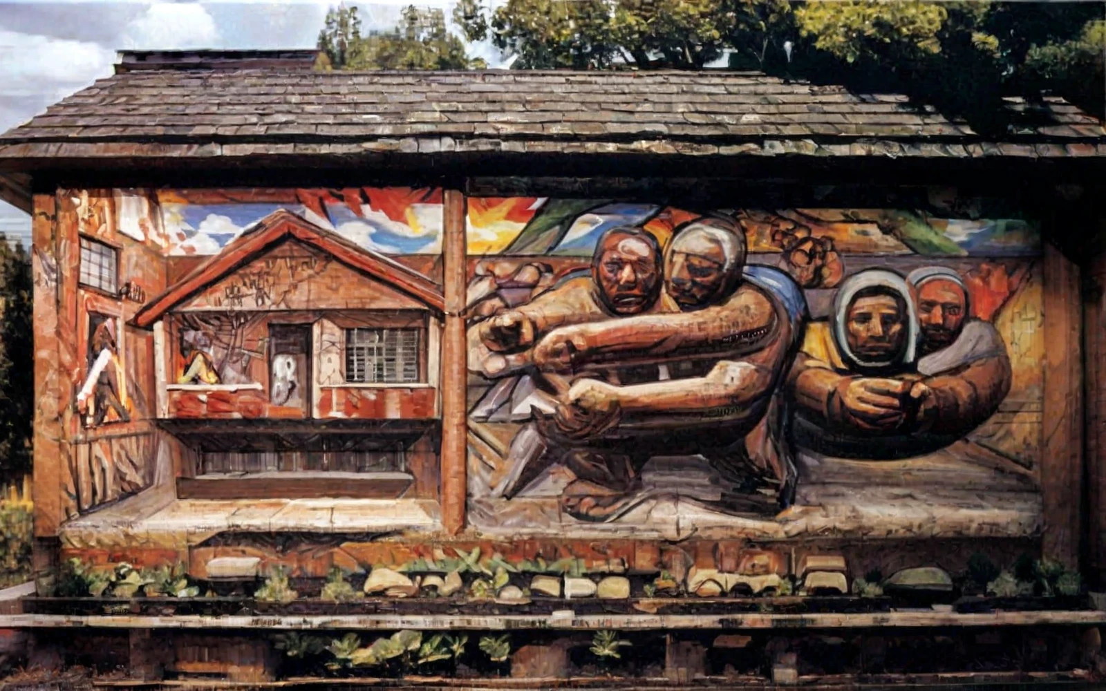 muralism \(style\),symbolic painting \(genre\) ,<lora:david-alfaro-siqueiros_pony_v1:1> ' sketch ' by Siqueiros David Alfaro in 1944,  a mural depicting multiple people on a dirty wall of ab old house,graffiti, score_9, score_6_up, score_7_up