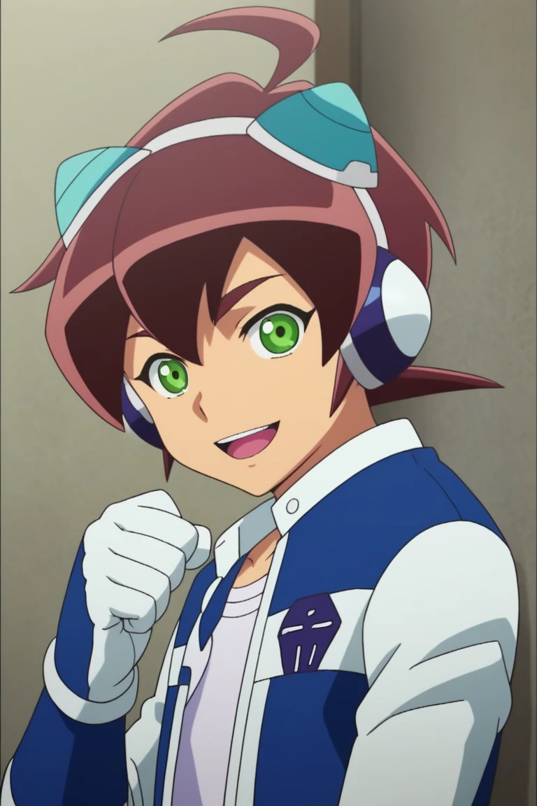 score_9, score_8_up, score_7_up, score_6_up, masterpiece, best quality, amazing quality, best aesthetic, absurdres, intricate details, male focus,
tokio, brown hair, green eyes, jacket, headgear, headphones, 1boy, male focus, solo, smile, open mouth, gloves, ahoge, looking at viewer, looking back, clenched hand<lora:EMS-460510-EMS:1.000000>