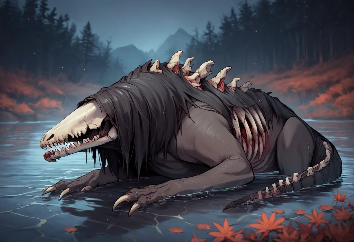 score_9, score_8_up, score_7_up, uncensored, masterpiece, best quality, source_anime BREAK 1girl, solo, scp-682, no humans, monster, teeth, sharp teeth, claws, bone, skull head, no eyes, feral, tail, Expressiveh outdoors, water, lake, partially submerged <lora:Expressive_H:0.6> <lora:add-detail-xl:0.5> <lora:SCP-682:0.85>