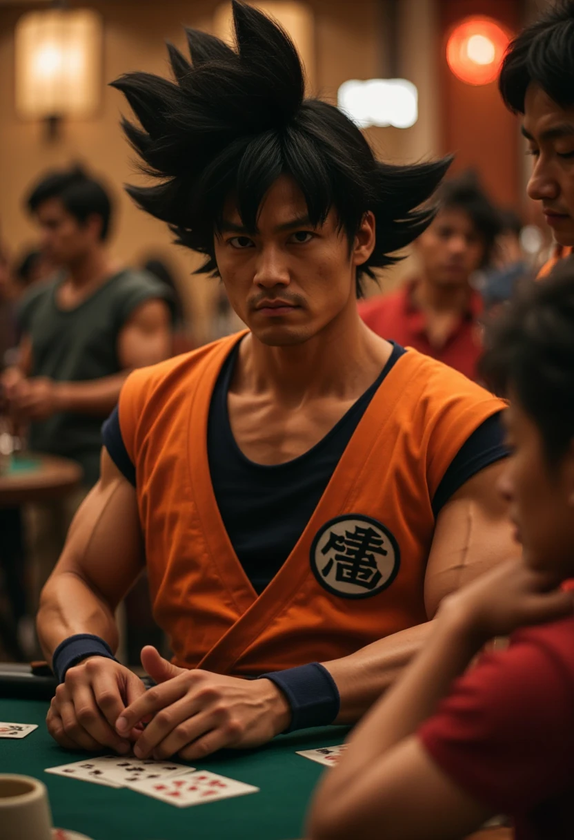 Goku in a movie playing cards in a casino, with people around him <lora:Characters - Goku (goku):1>,goku