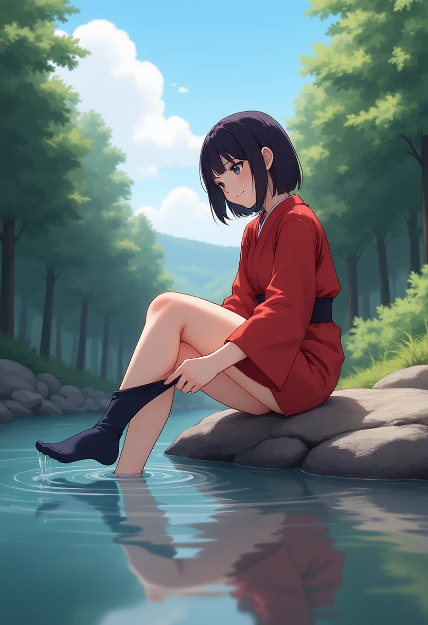 A girl is sitting and adjusting legwear besides a river, wear a red japanese clothes, right feet is up and wears (black socks:1.2), another feet is bare and in river, outdoors, forest, dynamic light, sky, trees, day, sunny, feet focus, from below shot,
<lora:adjusting_legwear_flux_v2.safetensors:1.0>, 